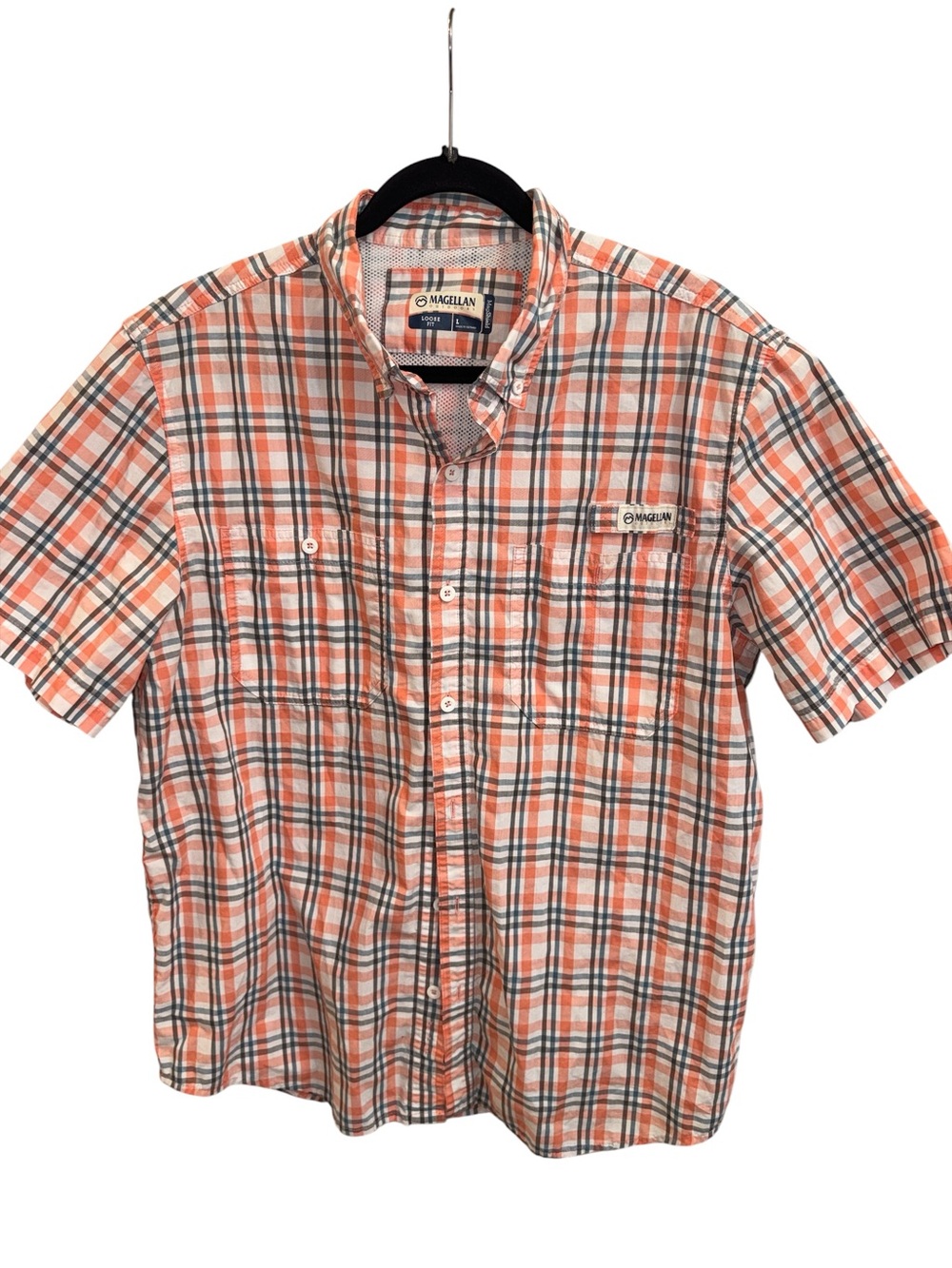 Magellan Outdoors Orange and White Plaid Short-Sleeve Button-Down Shirt